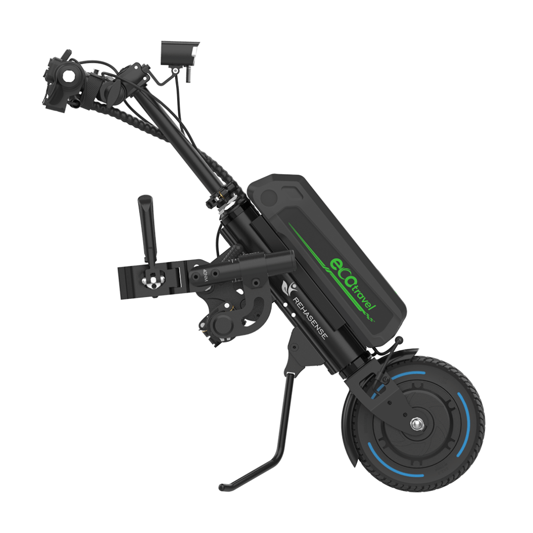 Side view of the black Rehasense ECO Travel BX Power Add-On – Lightweight Wheelchair Assist, featuring a green ecoTravel logo, single wheel, battery pack, handlebars, and stand on a white background.